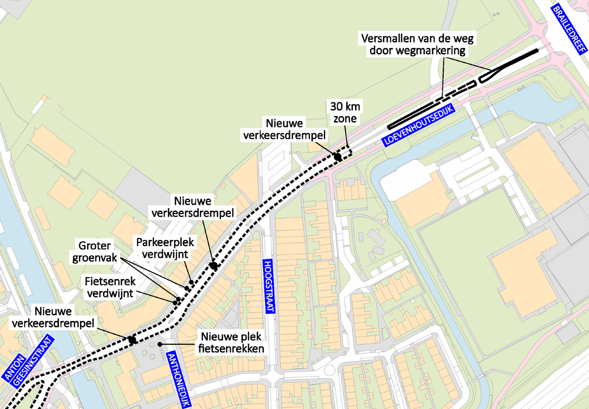 klik om te vergroten, kaart van het werk aan de Loevenhoutsedijk, uitgelegd in de tekst