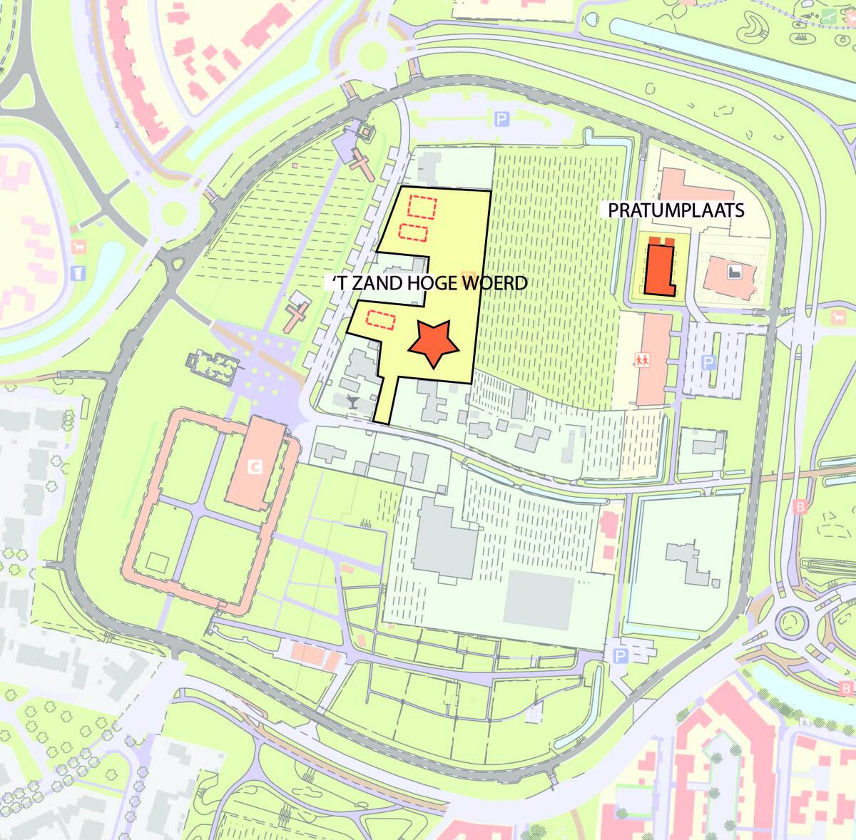 Locatie (zorg)woningen bij 't Zand en Pratumplaats in de Hoge Woerd