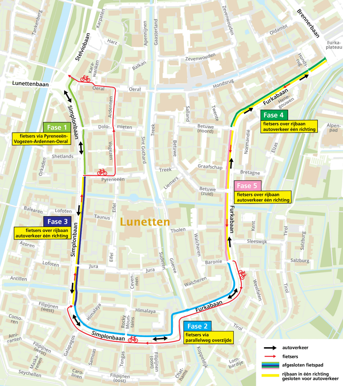 Klik om te vergroten. Overzichtskaart van Lunetten, met daarop de fases 1-5. Deze zijn uitgeschreven in de planning