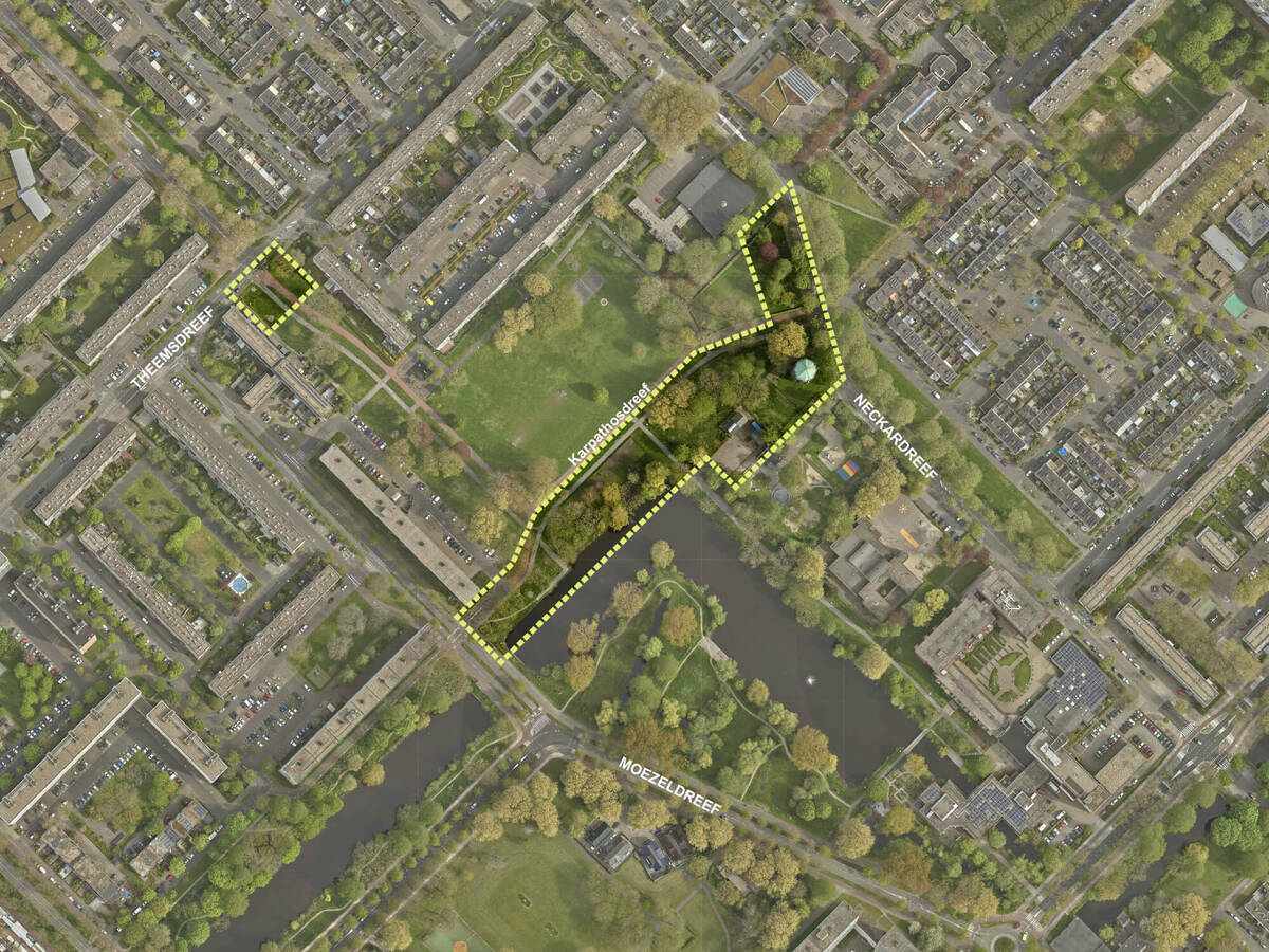 Klik om te vergroten, overzichtsfoto van park De Watertoren, aan de Karpathosdreef en vlakbij de Neckardreef en Moezeldreef