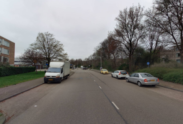 klik en vergroot amazonedreef nu, met links en rechts verticale parkeerplekken en tussenin de rijweg