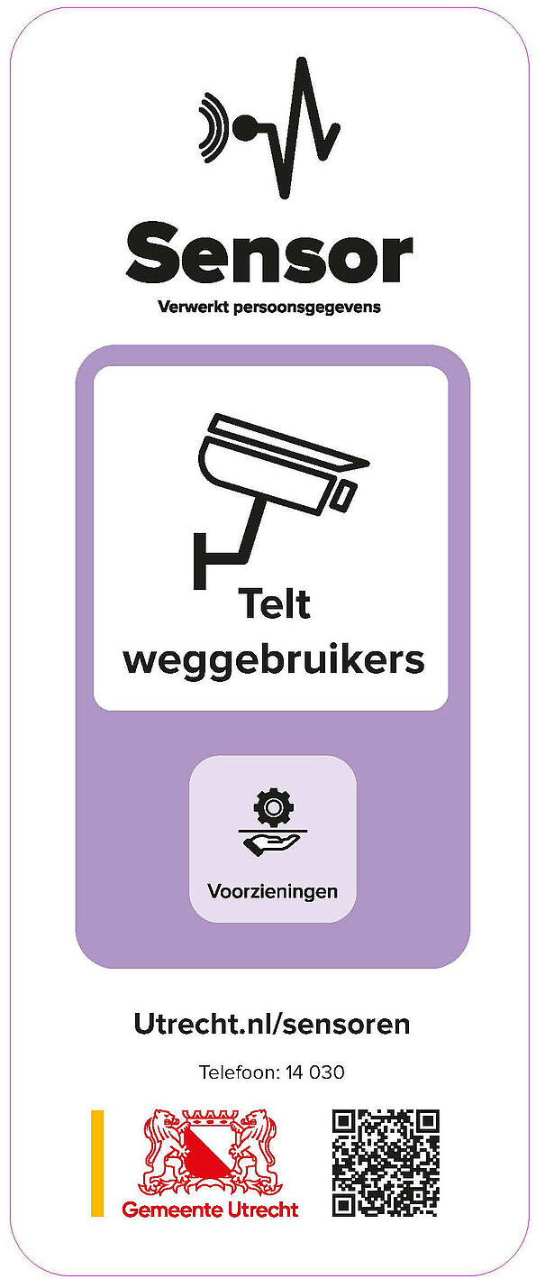 Plaatje bord, met tekst: sensor, verwerkt persoonsgegevens, telt weggebruikers, utrecht.nl/sensoren, 14 030