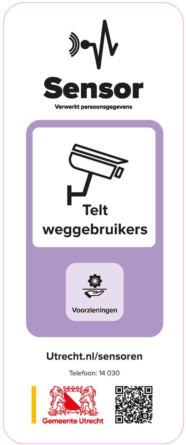 Plaatje bord, met tekst: sensor, verwerkt persoonsgegevens, telt weggebruikers, utrecht.nl/sensoren, 14 030