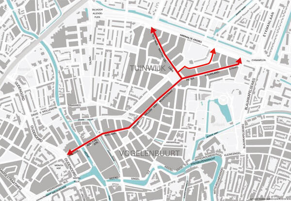 Kaartje met daarop een rode lijn die de verkeersroute Votulast aangeeft. Het gaat om de volgende straten : Kaatstraat, Adelaarstraat, Willem van Noortstraat, Antonius Matthaeuslaan, Pieter Nieuwlandstraat, Ingen Houszstraat en Juliusstraat.