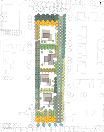 vergroot de kaart met daarop de drie nieuwe woningen en de bestaande woning op een rij op het stuk grond. Eromheem en tussen de woningen zijn rijen fruitbomen. 