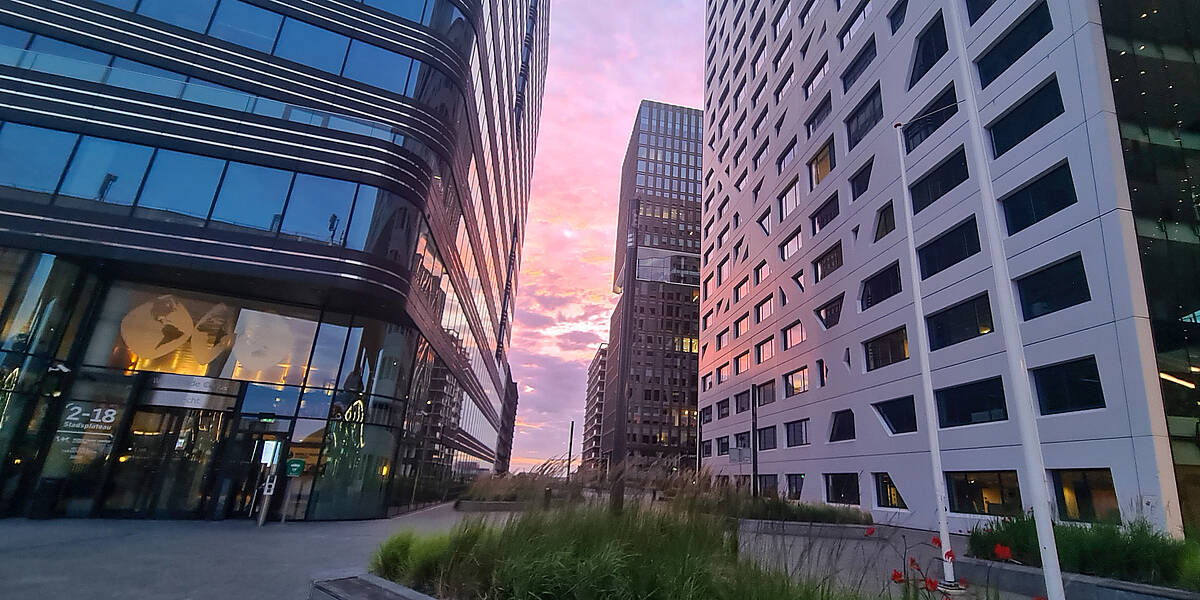 Link naar foto in Flickr: Ondergaande zon bij het stadskantoor, met roze gloed op de ramen.
