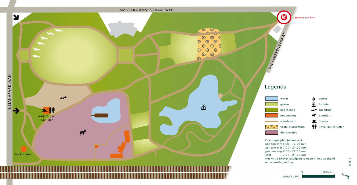 vergroot kaart met daarop locatie water gazon begroeiing bebouwing wandelpad vaste plantentuin dierenweide entree fontein speeltuin boerderij horeca toiletten