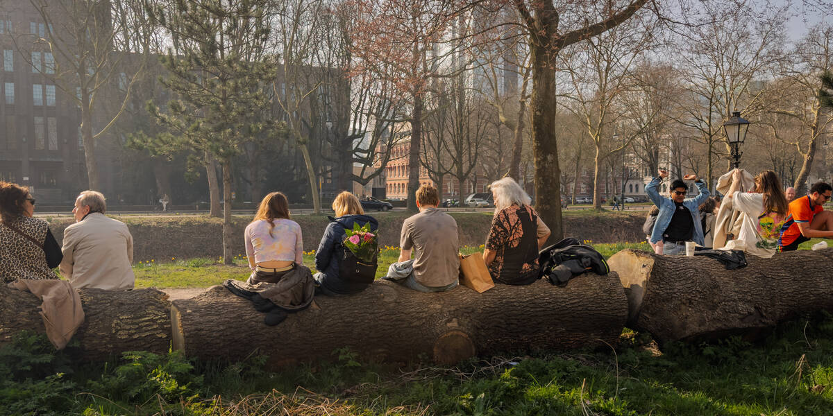 Link naar foto in Flickr: mensen genieten van de zon zittend op een omgevallen boom.
