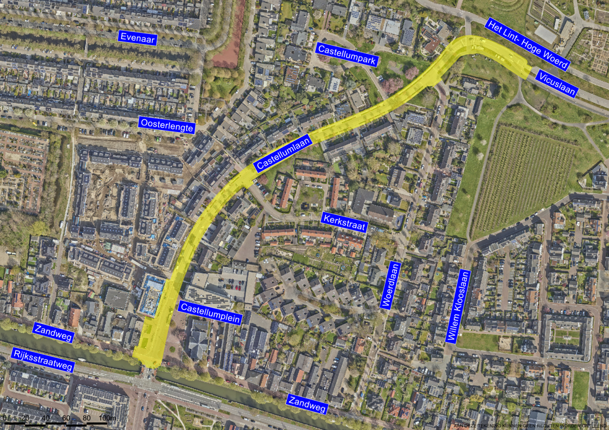 De plattegrond gaat over de Castellumlaan en de bocht naar de Vicuslaan. 