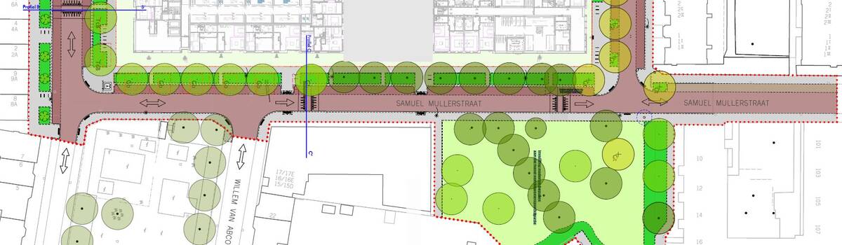 Klik om te vergroten, technische tekening van wat we in de Samuel Mullerstraat veranderen. Dit staat in de tekst beschreven