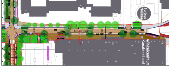 plattegrond ontwerp Bernadottelaan, deel Trumanlaan-Beneluxlaan, zie de beschrijving in de tekst