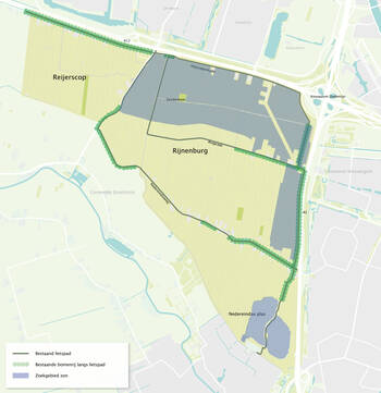 Vergroot de kaart met daarop: bestaand fietspad, bestaande bomenrij langs fietspad en zoekgebied zon