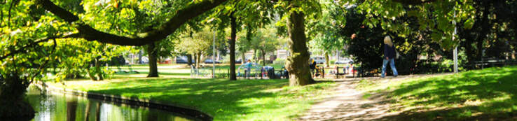 Mensen wandelen langs bomen en water in park Oog en Al