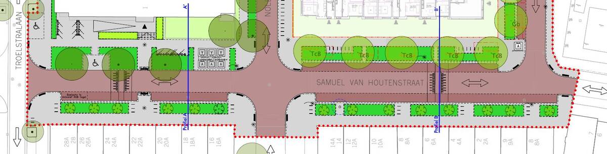 Klik om te vergroten, technische tekening van wat we in de Samuel van Houtenlaan veranderen. Dit staat in de tekst beschreven