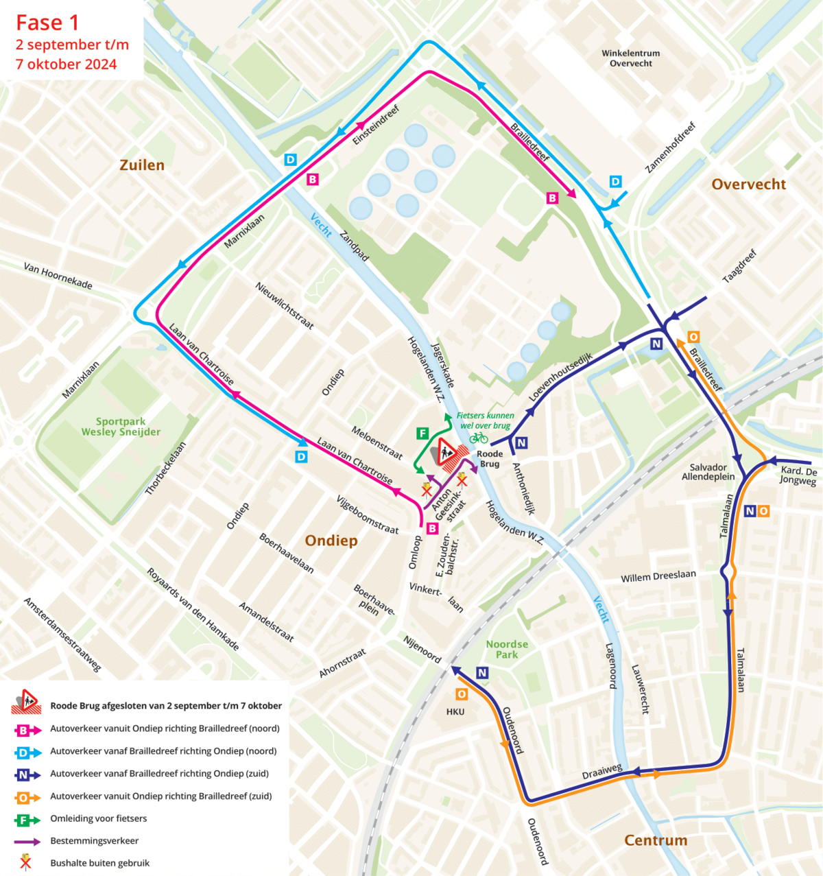 Klik om te vergroten, overzichtskaart van Ondiep, de werkzaamheden en omleidingen