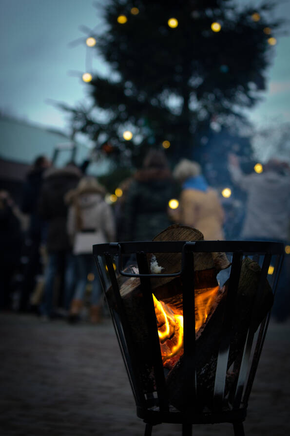 Vuurkorf voorgrond en lichtjes in de boom op de achtergrond