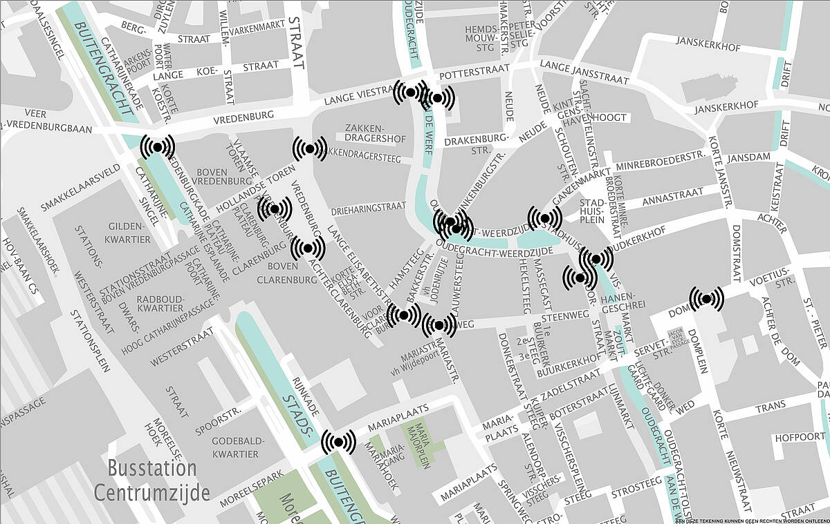 kaartje met de locaties van de sensoren in de binnenstad, zie de tekst