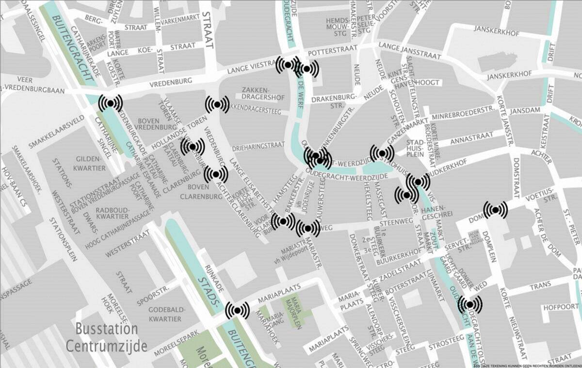 kaartje met de locaties van de sensoren in de binnenstad, zie de tekst