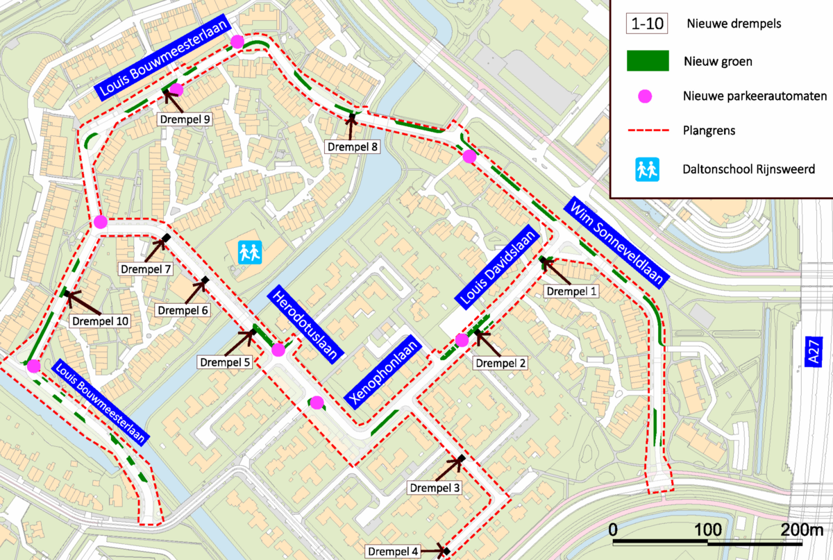 klik en vergroot kaart met parkeerautomaten, drempels en groen, zie omschrijving in uitklapper eronder