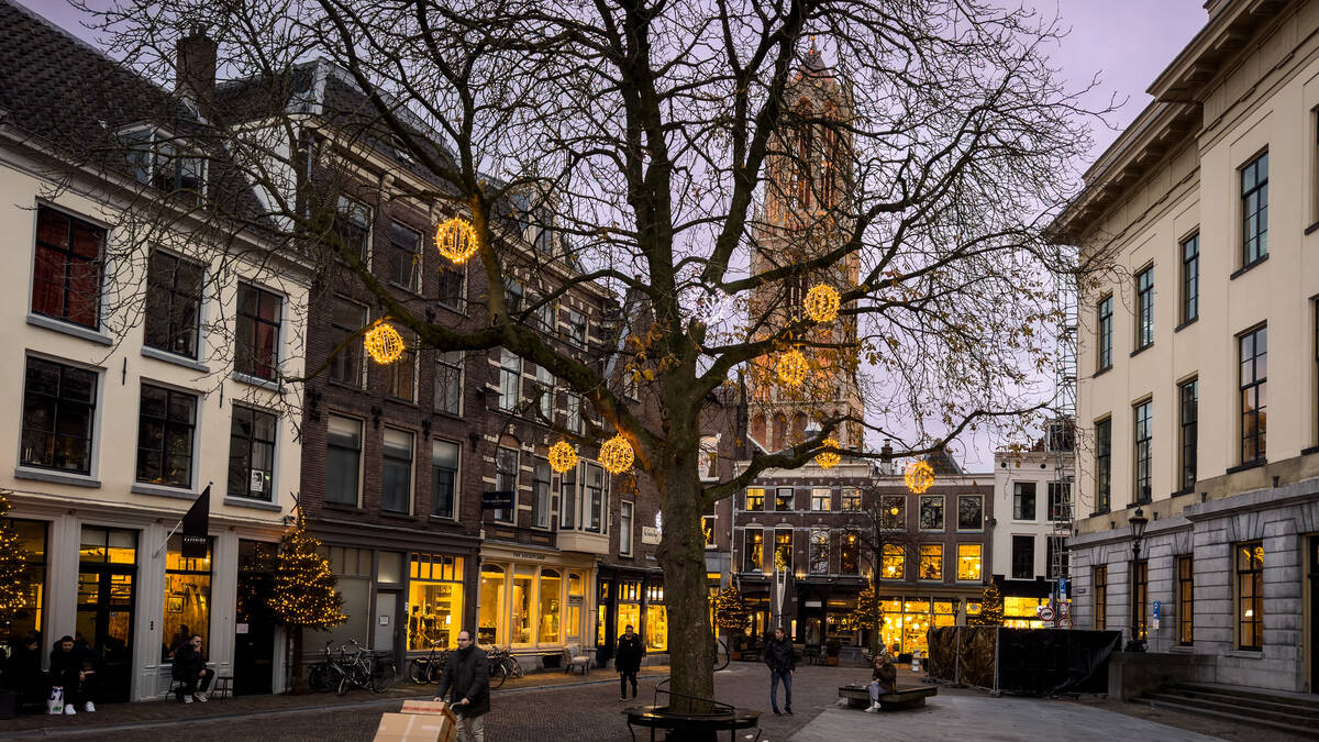 Link naar foto in Flickr: Zicht op de Dom vanaf Korte Minrebroederstraat met lichtgevende lampionnen in de boom. 