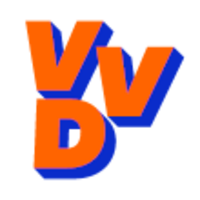 Logo van de politieke partij VVD, geschreven in oranje-blauwe letters