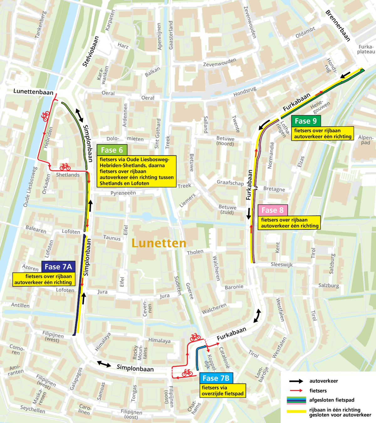 Klik om te vergroten. Overzichstkaart van Lunetten, met daarop de fases 6 tot en met 9. Deze staan in de planning