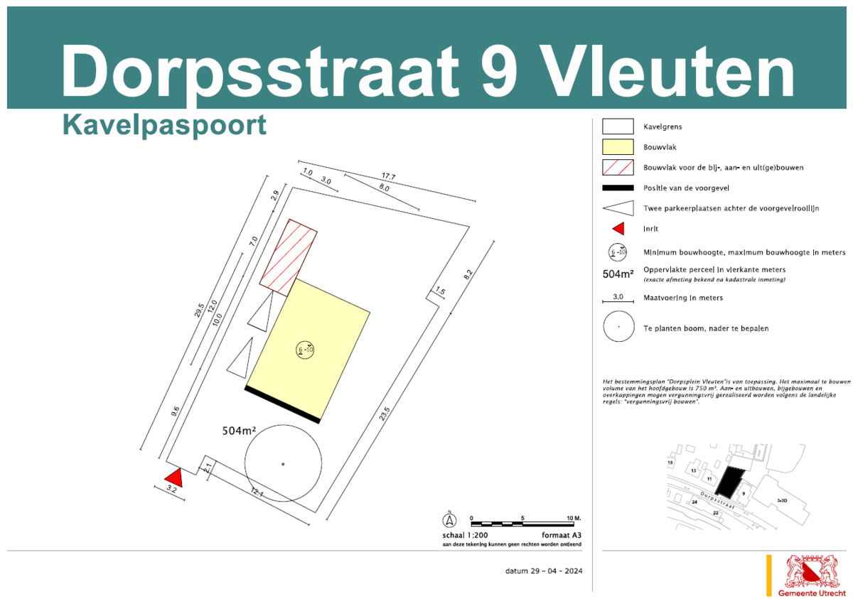 kavelpaspoort met gegevens over vrije kavel Dorpsstraat Vleuten, beschrijving in de tekst hieronder