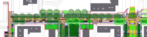 plattegrond ontwerp Bevinlaan, deel Rooseveltaan-Marschalllaan, zie de beschrijving in de tekst