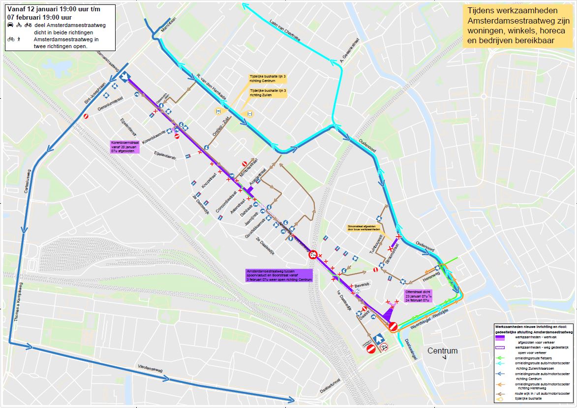 vergroot de kaart met omleidingen van 12 januari tot en met 7 februari